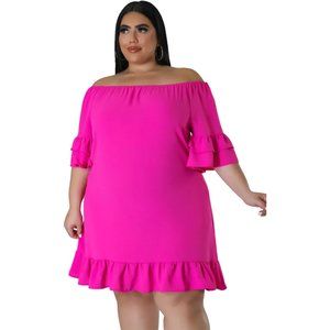 Women Fashion Plus Size Loose Off Shoulder Ruffled Dress